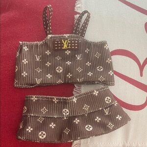 LaBUBU POP MART Brown Monogram Crop Top and Skirt.